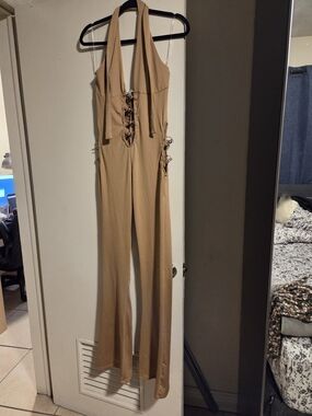 Halter Lace-Up Wide Leg Jumpsuit - Camel